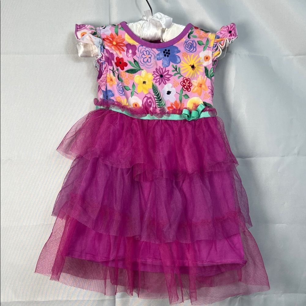 Matilda Jane pink Fairy Garden Frenchie Dress with tiered tulle skirt size 18-24